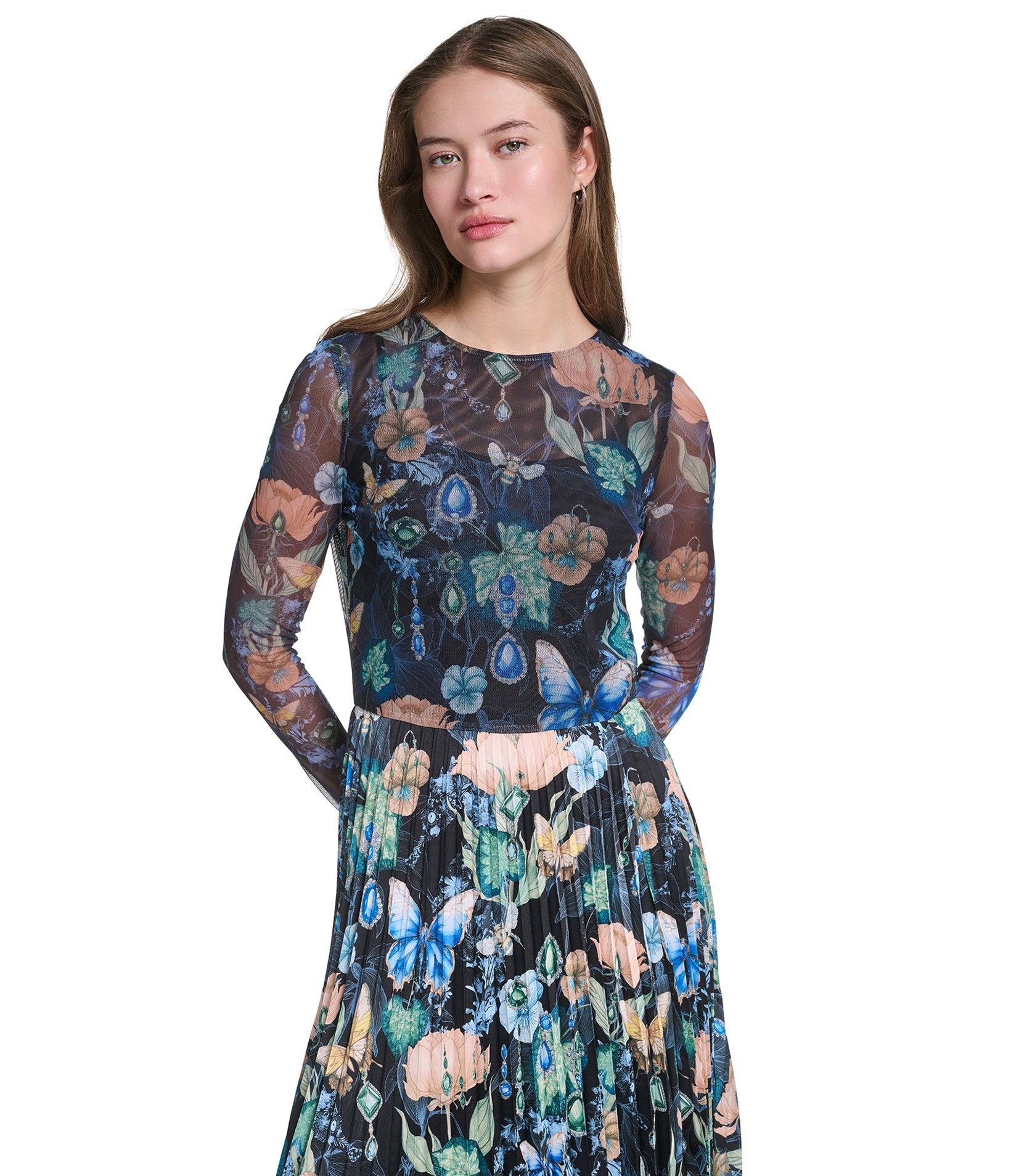 LONG SLEEVE FLORAL PRINT MESH DETAIL MAXI DRESS VIEW 4