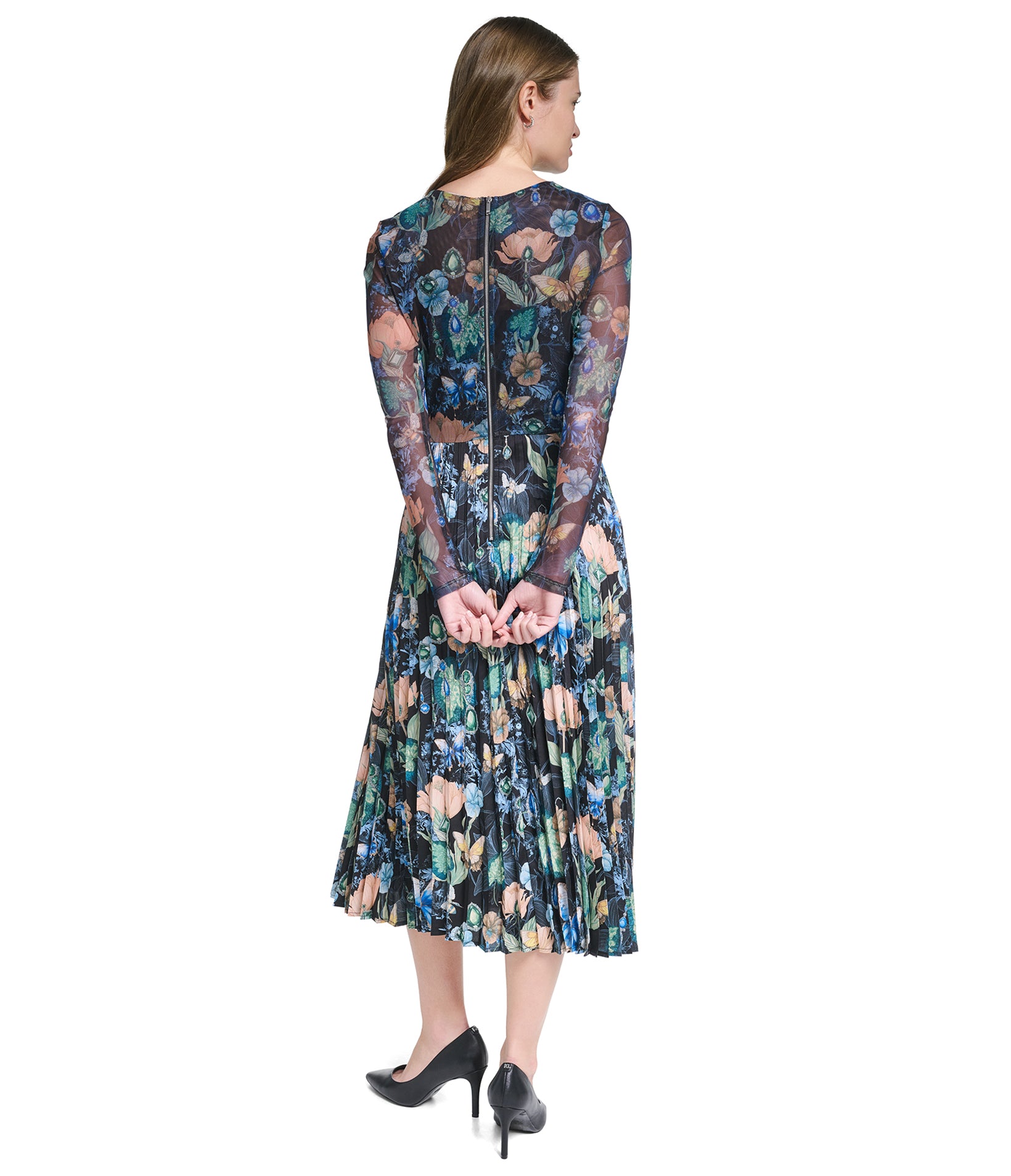 LONG SLEEVE FLORAL PRINT MESH DETAIL MAXI DRESS VIEW 2