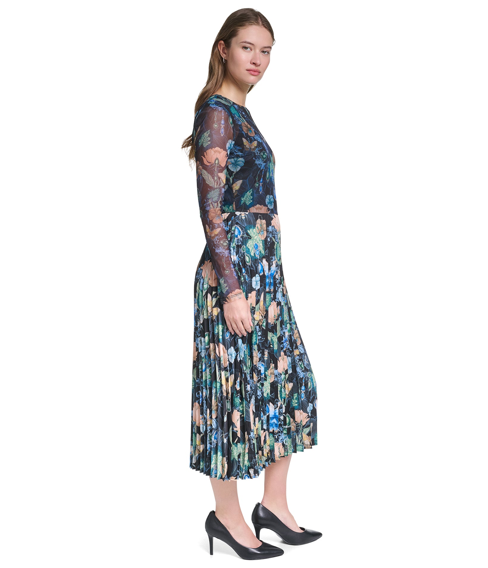 LONG SLEEVE FLORAL PRINT MESH DETAIL MAXI DRESS VIEW 3