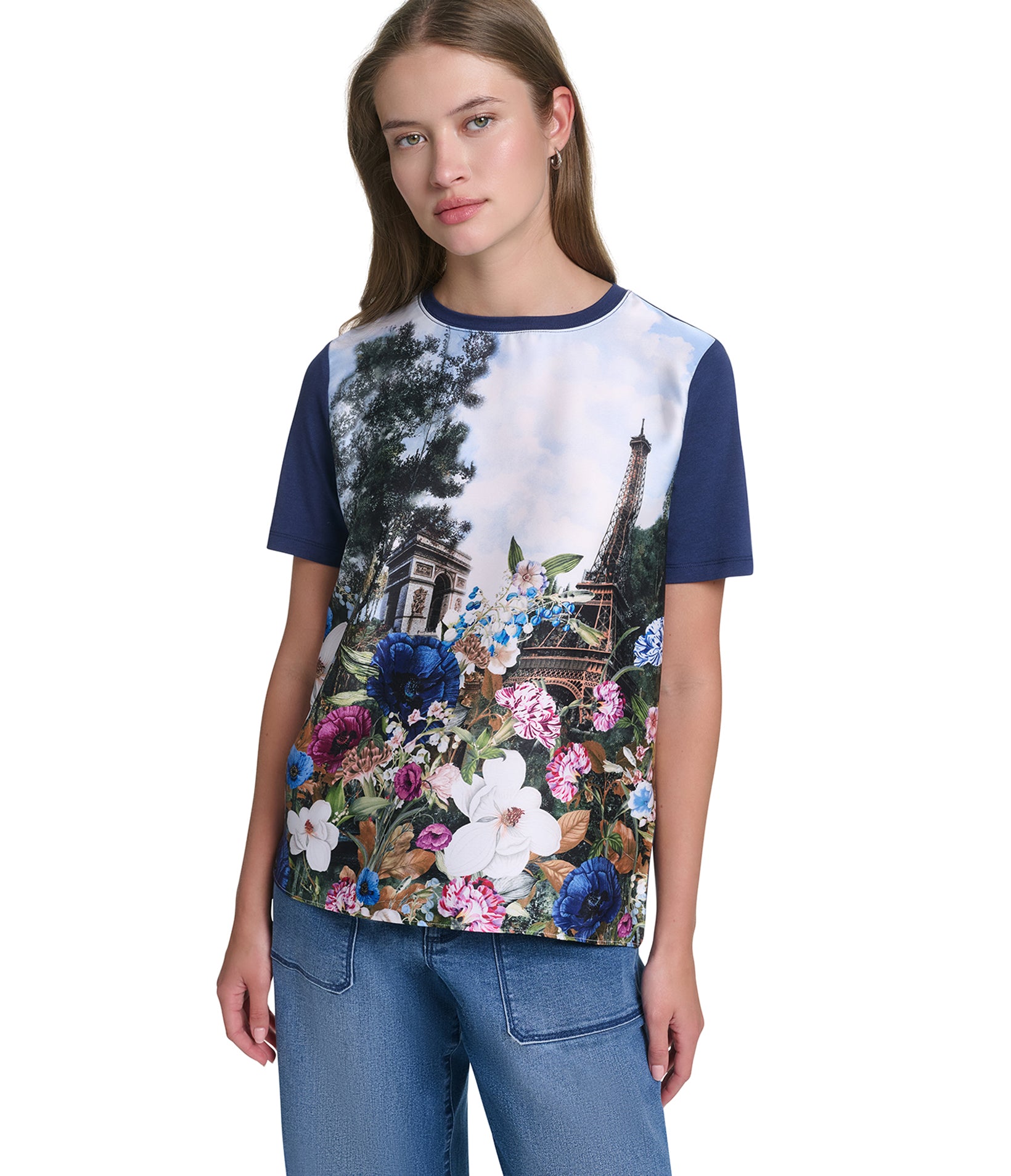 SHORT SLEEVE FLORAL KNIT TOP VIEW 1