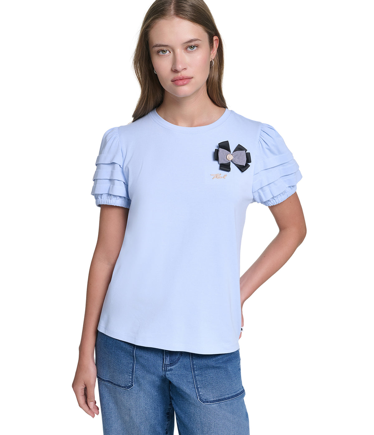 SHORT SLEEVE KNIT TOP WITH PINS VIEW 1