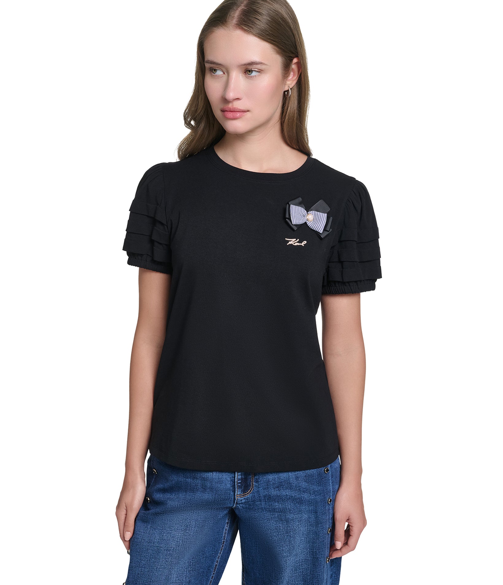 SHORT SLEEVE KNIT TOP WITH PINS VIEW 1