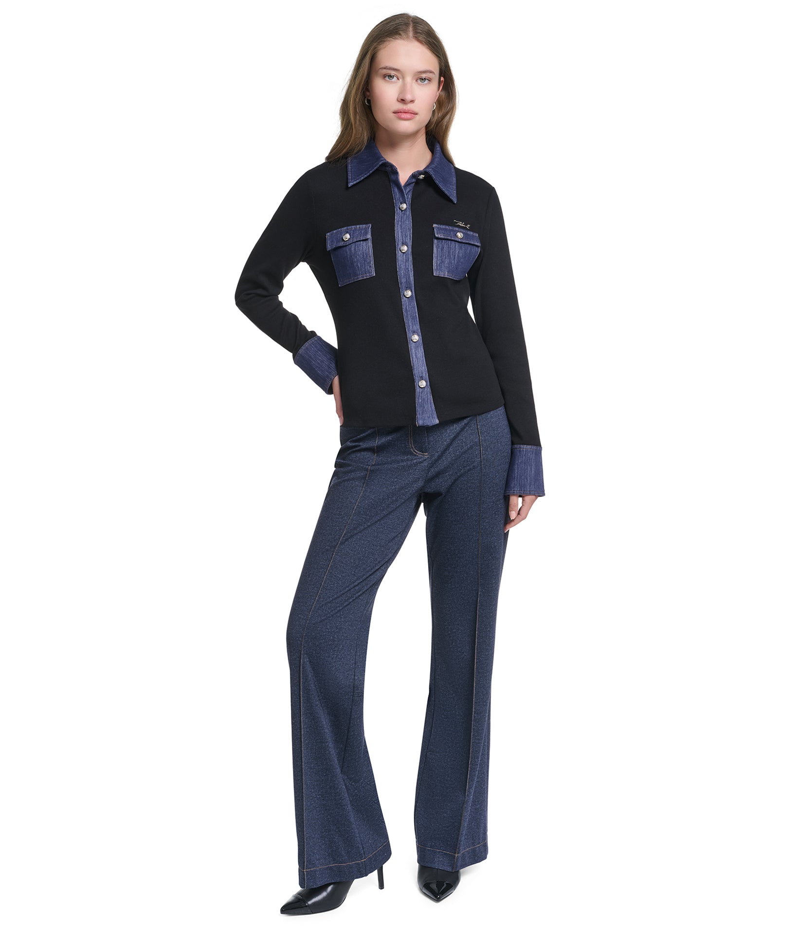 LONG SLEEVE DENIM TRIM COLLAR BUTTON DOWN VIEW 4