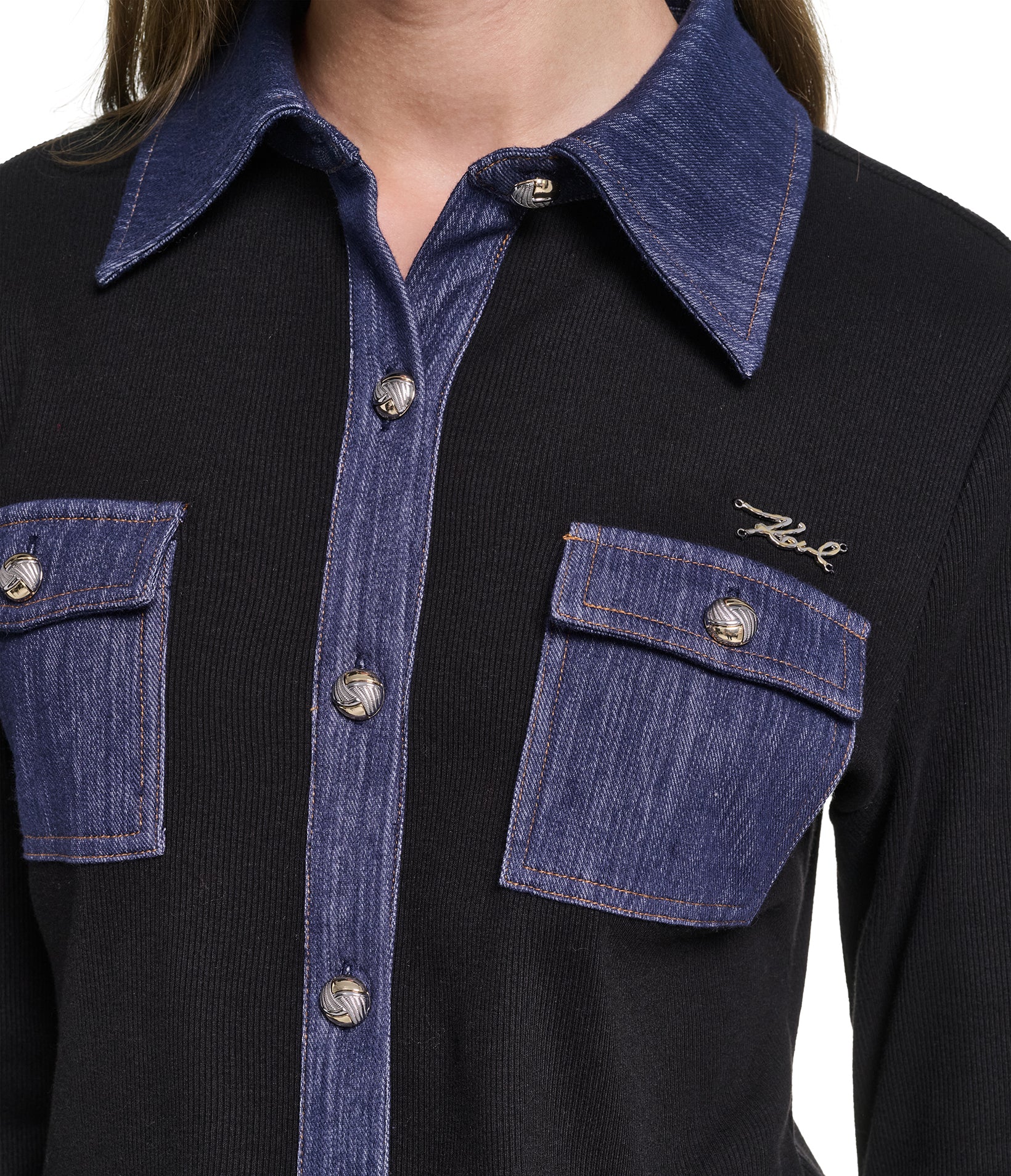 LONG SLEEVE DENIM TRIM COLLAR BUTTON DOWN VIEW 6