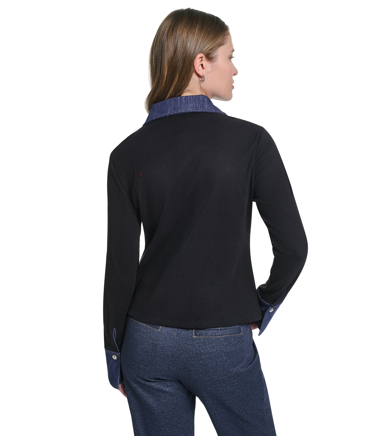 LONG SLEEVE DENIM TRIM COLLAR BUTTON DOWN VIEW 2