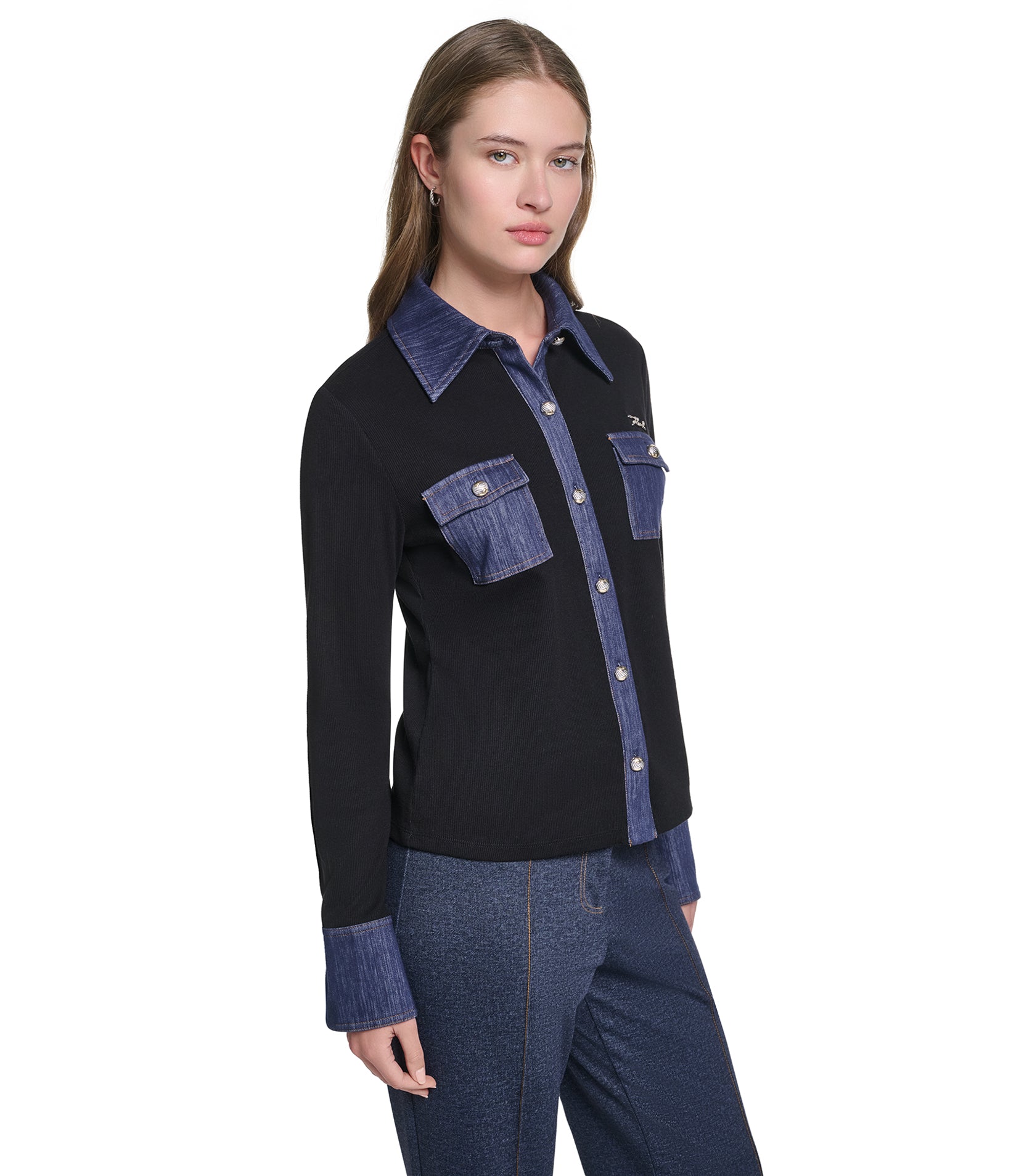 LONG SLEEVE DENIM TRIM COLLAR BUTTON DOWN VIEW 3