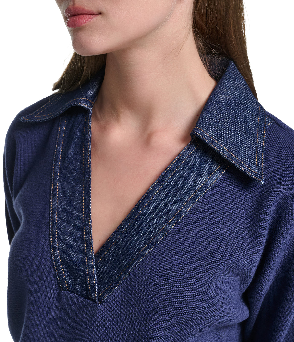 VNECK SWEATER WITH DENIM TRIM VIEW 6