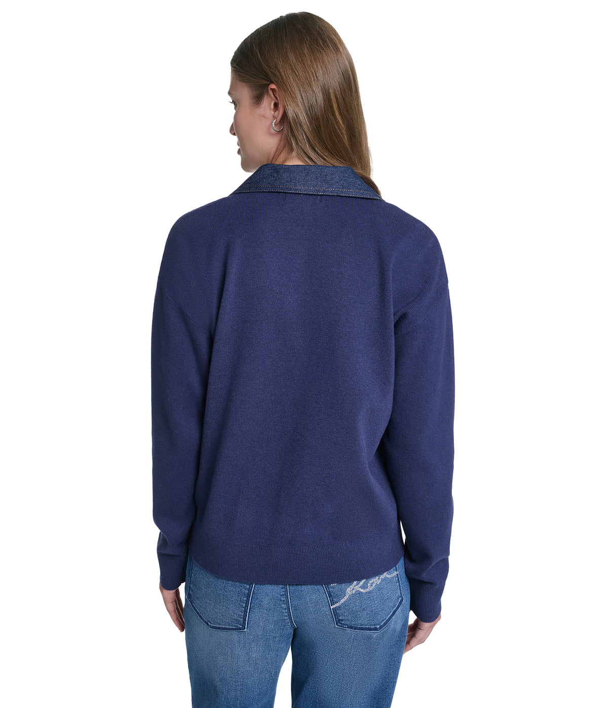 VNECK SWEATER WITH DENIM TRIM VIEW 2