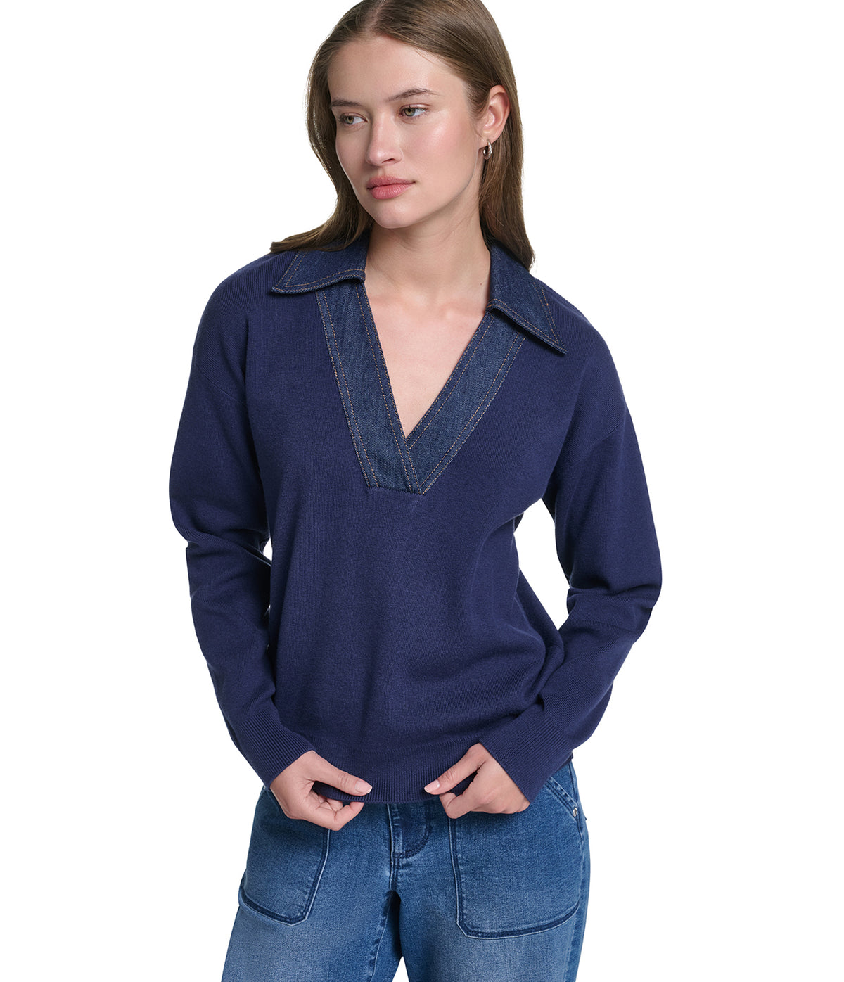 VNECK SWEATER WITH DENIM TRIM VIEW 1