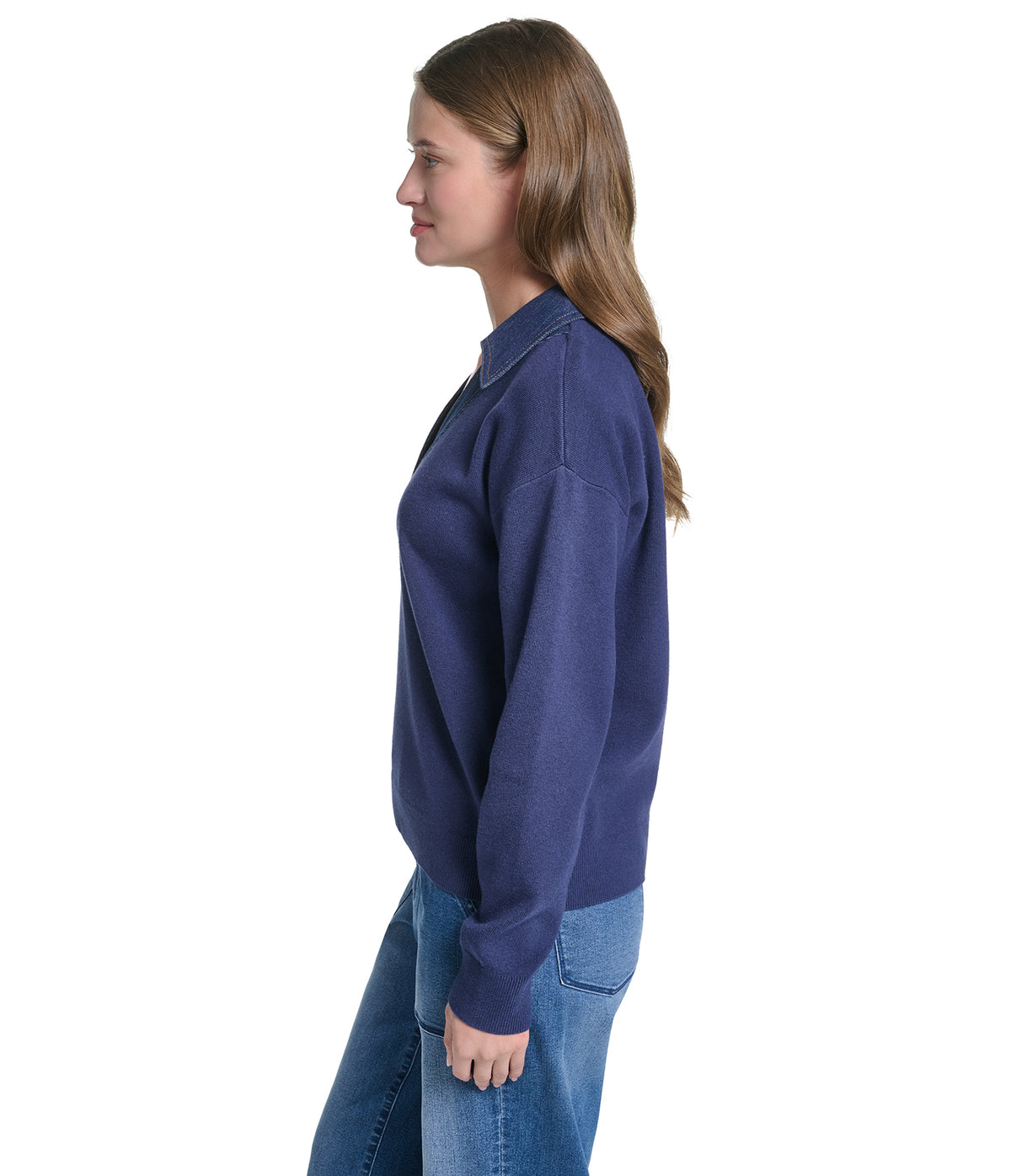 VNECK SWEATER WITH DENIM TRIM VIEW 3