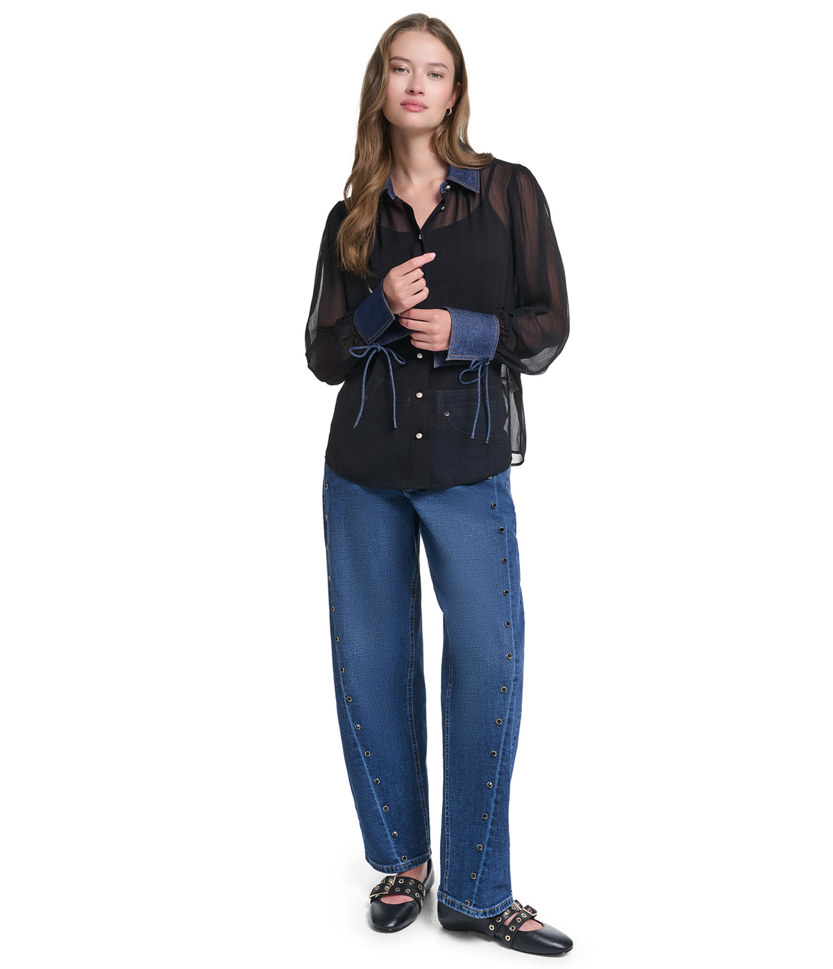 LONG SLEEVE SHEER DENIM COLLAR SOFT BLOUSE VIEW 4