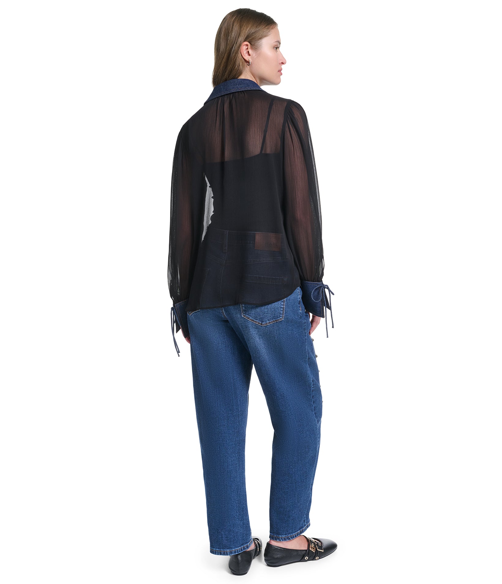 LONG SLEEVE SHEER DENIM COLLAR SOFT BLOUSE VIEW 5