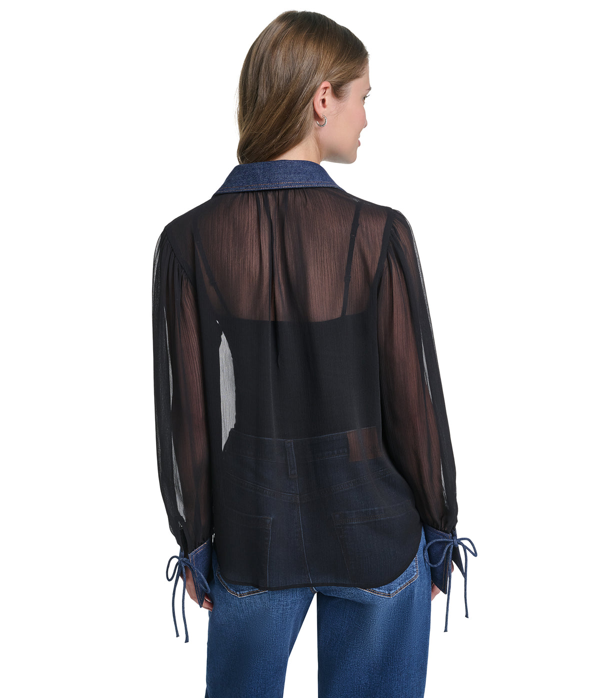 LONG SLEEVE SHEER DENIM COLLAR SOFT BLOUSE VIEW 2