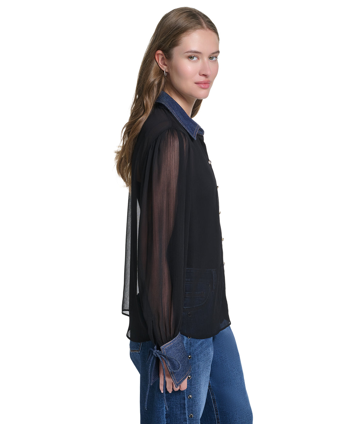 LONG SLEEVE SHEER DENIM COLLAR SOFT BLOUSE VIEW 3