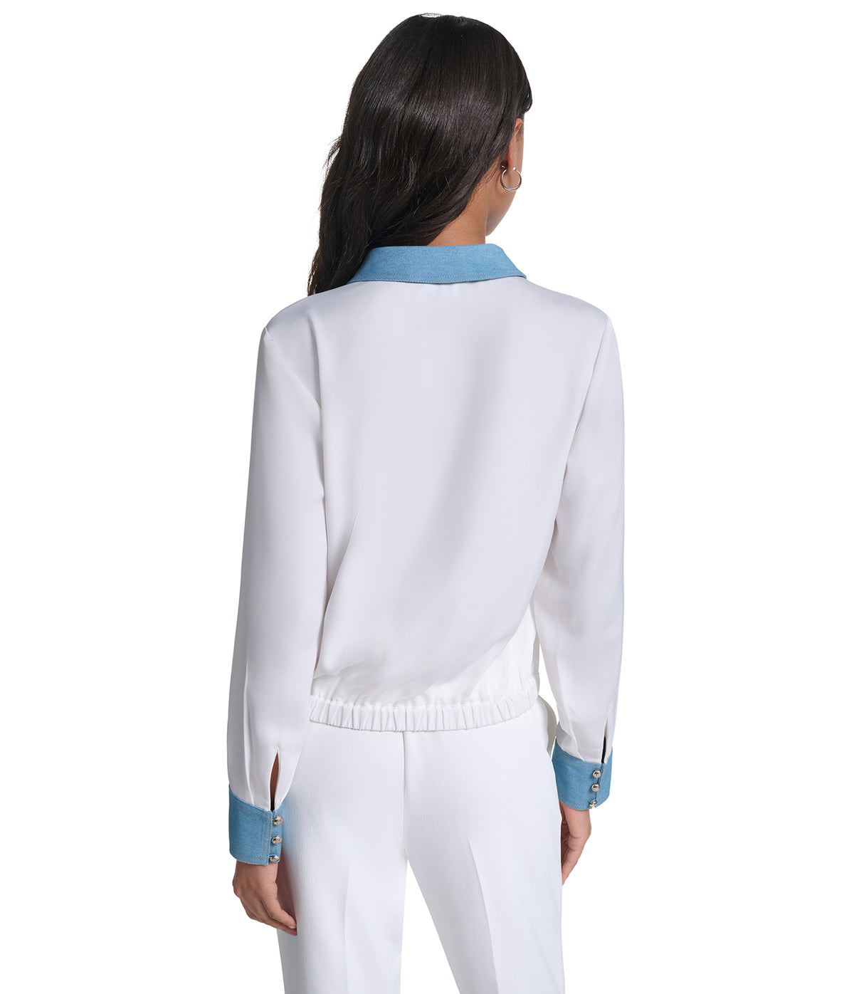 LONG SLEEVE DENIM TRIM SOFT BLOUSE VIEW 3