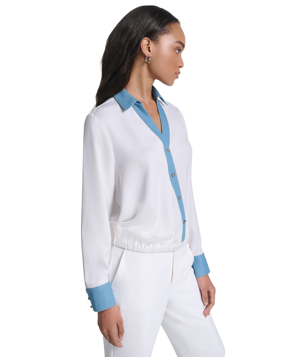 LONG SLEEVE DENIM TRIM SOFT BLOUSE VIEW 4
