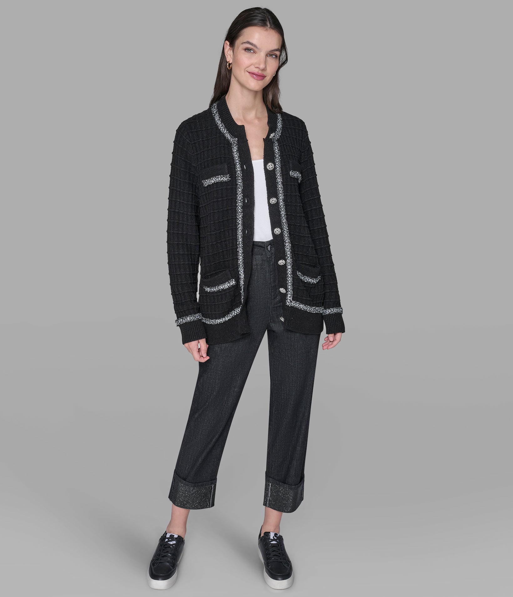 TWEED TRIM CARDIGAN VIEW 3 | Women's Clothing