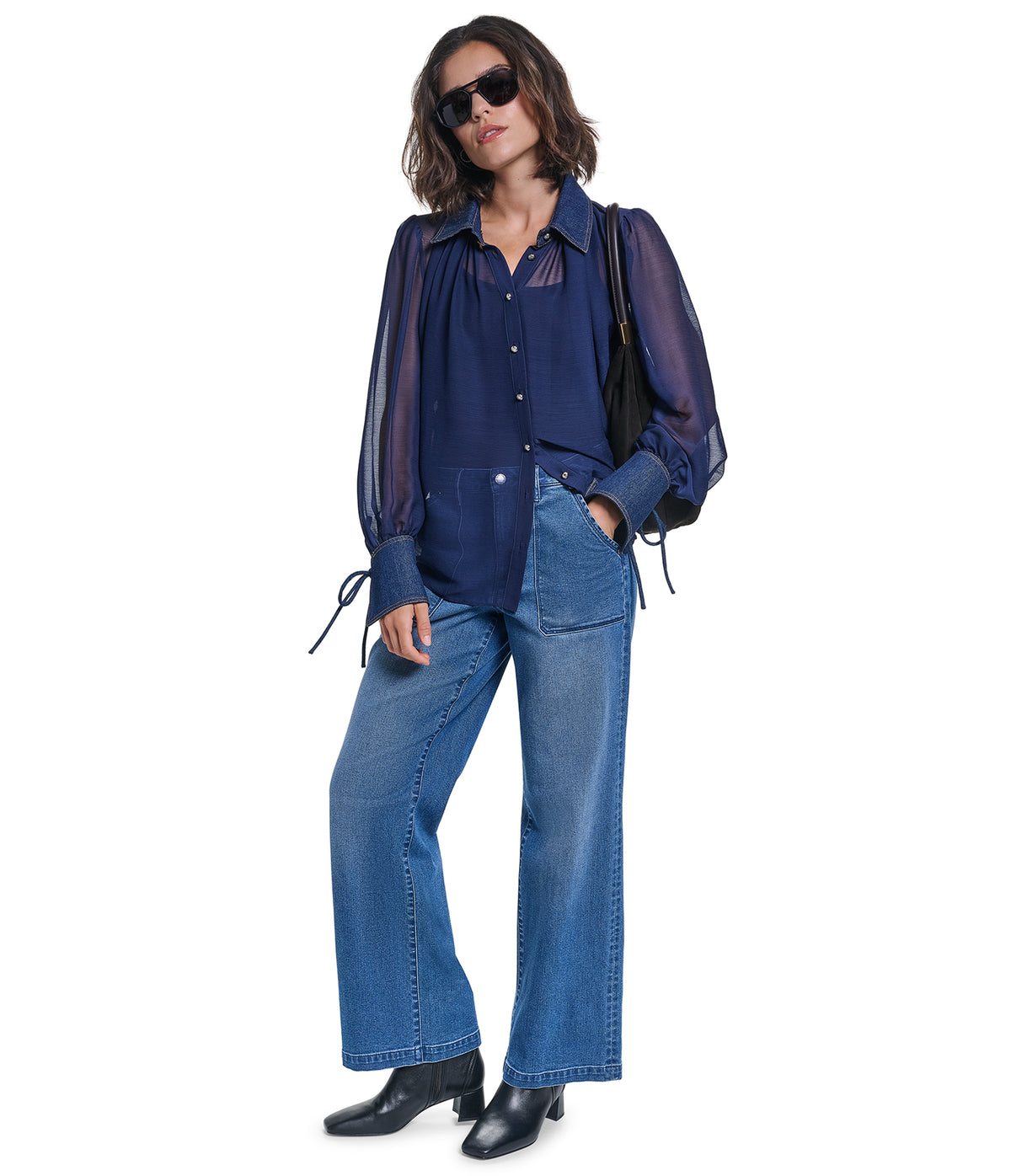 LONG SLEEVE SHEER DENIM COLLAR BLOUSE VIEW 5
