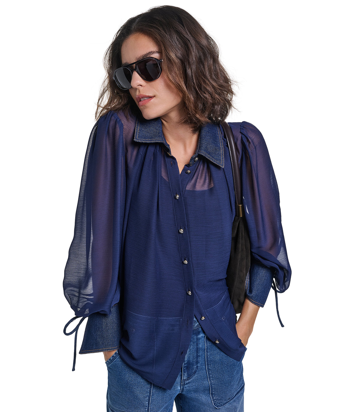 LONG SLEEVE SHEER DENIM COLLAR BLOUSE VIEW 4