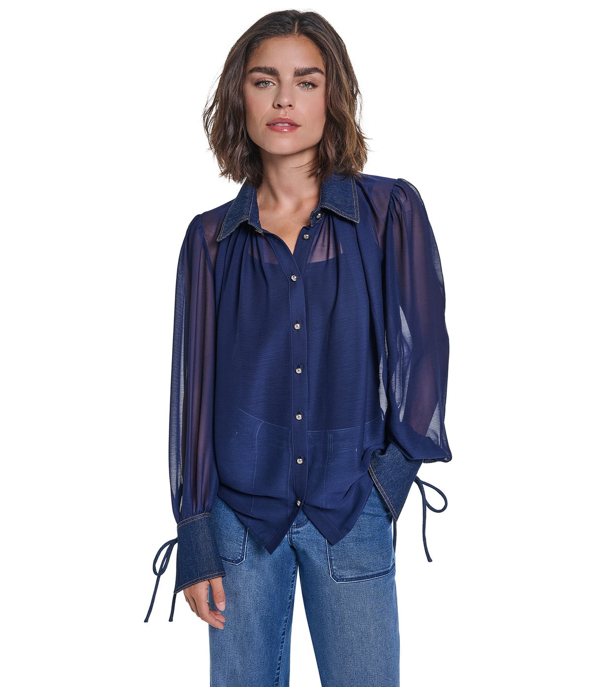 LONG SLEEVE SHEER DENIM COLLAR BLOUSE VIEW 1
