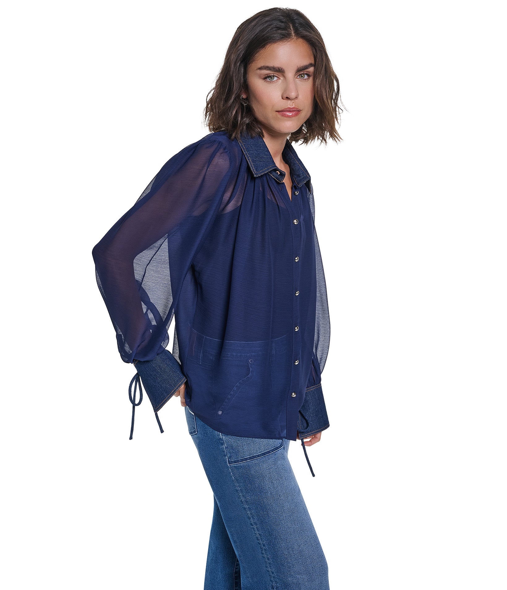 LONG SLEEVE SHEER DENIM COLLAR BLOUSE VIEW 3