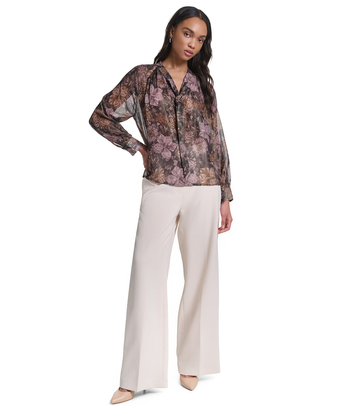 PRINTED TIE FRONT EMBELISHED BLOUSE VIEW 4