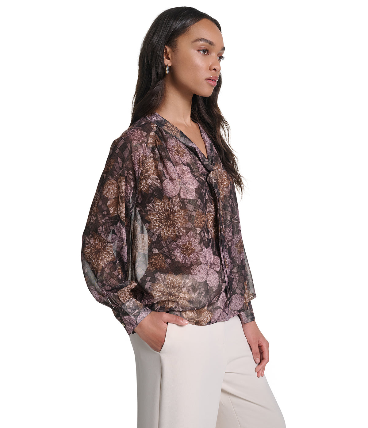 PRINTED TIE FRONT EMBELISHED BLOUSE VIEW 3