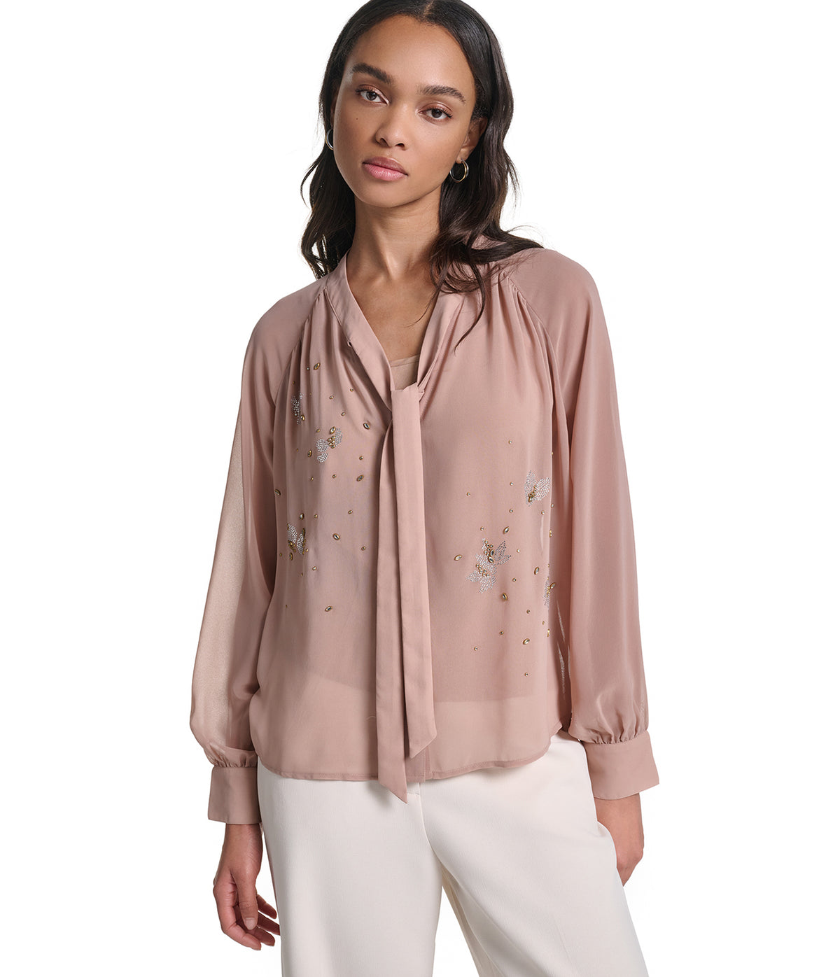 TIE FRONT EMBELLISHED SOFT BLOUSE VIEW 1