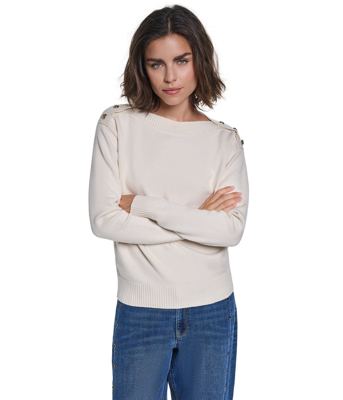 LONG SLEEVE BOAT NECK BUTTON DETAIL SWEATER VIEW 1