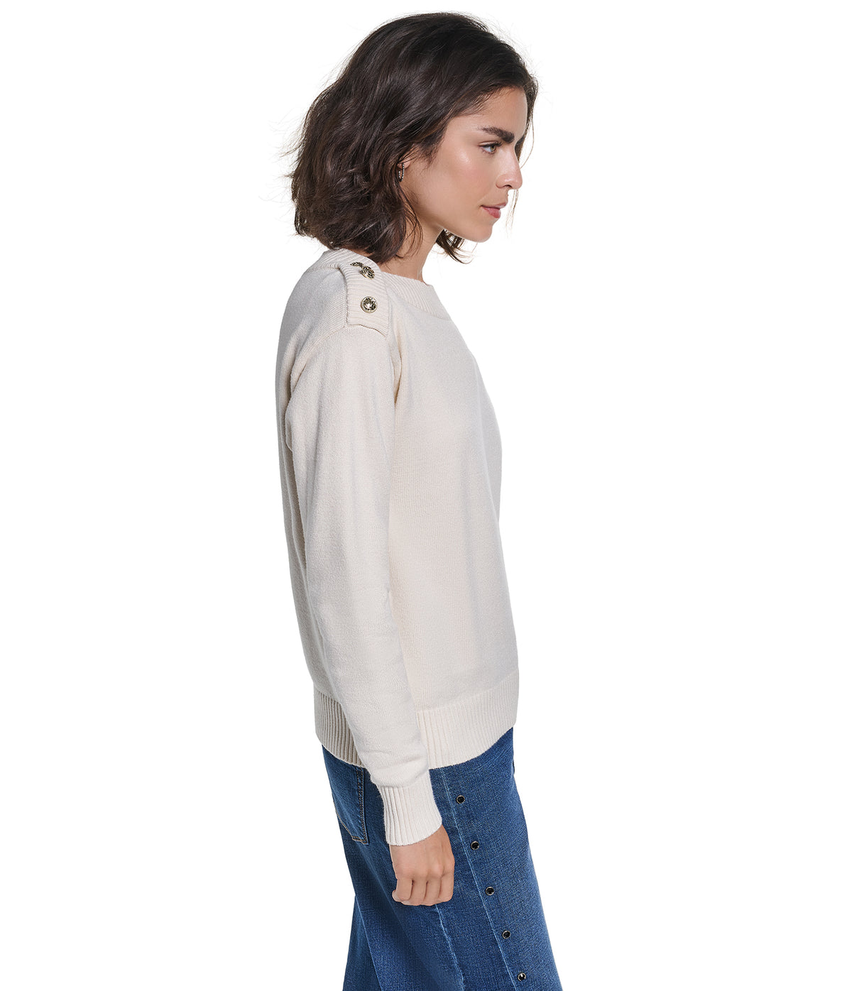 LONG SLEEVE BOAT NECK BUTTON DETAIL SWEATER VIEW 3