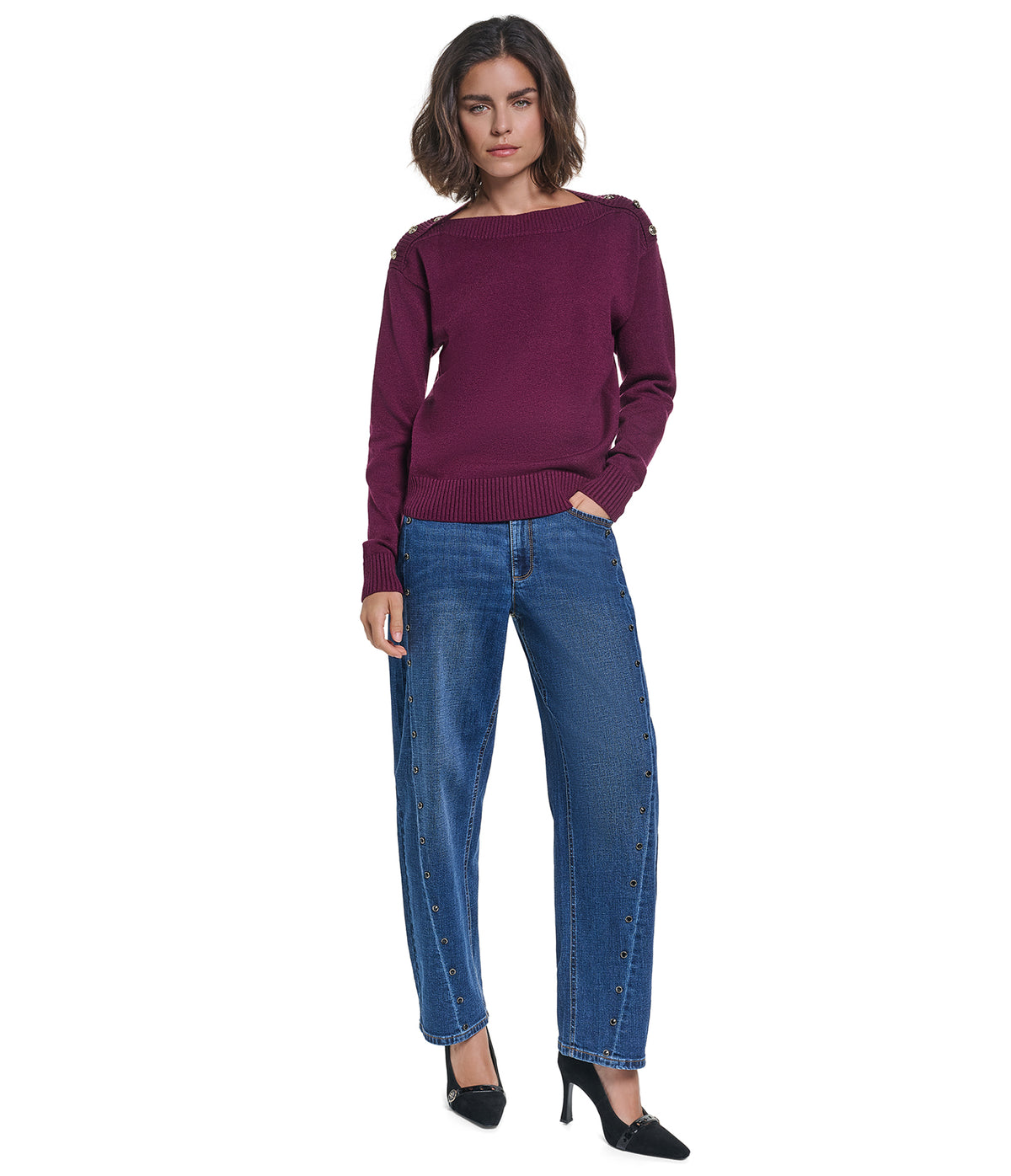 LONG SLEEVE BOAT NECK BUTTON DETAIL SWEATER VIEW 5