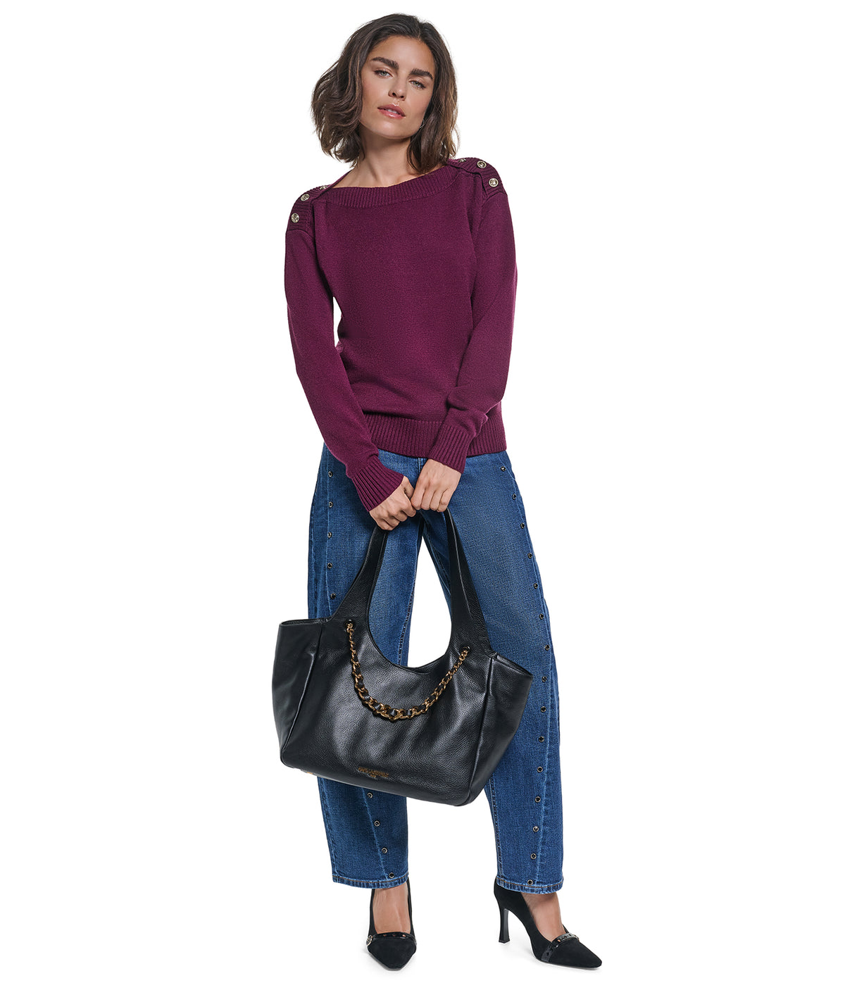 LONG SLEEVE BOAT NECK BUTTON DETAIL SWEATER VIEW 4