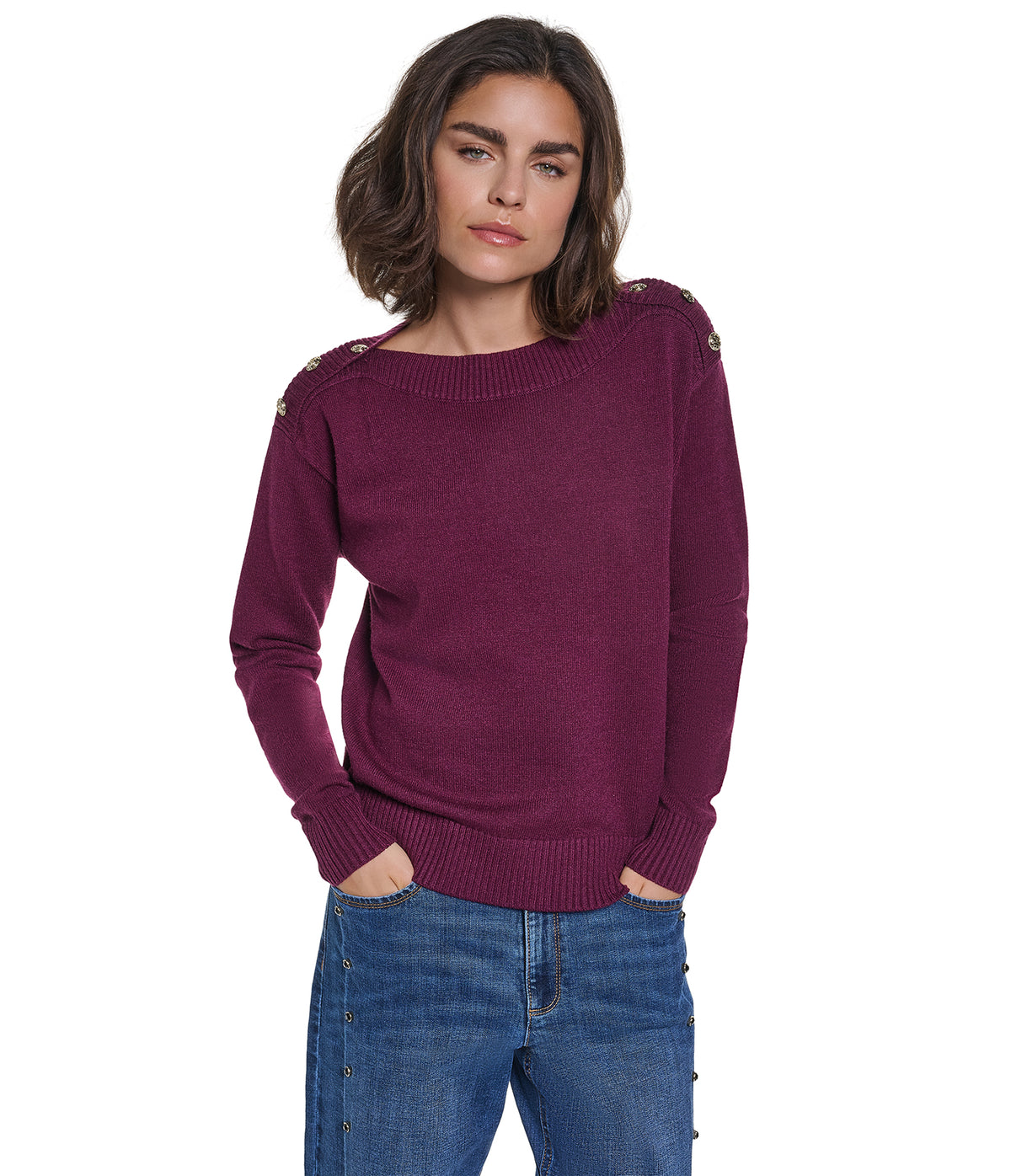 LONG SLEEVE BOAT NECK BUTTON DETAIL SWEATER VIEW 1