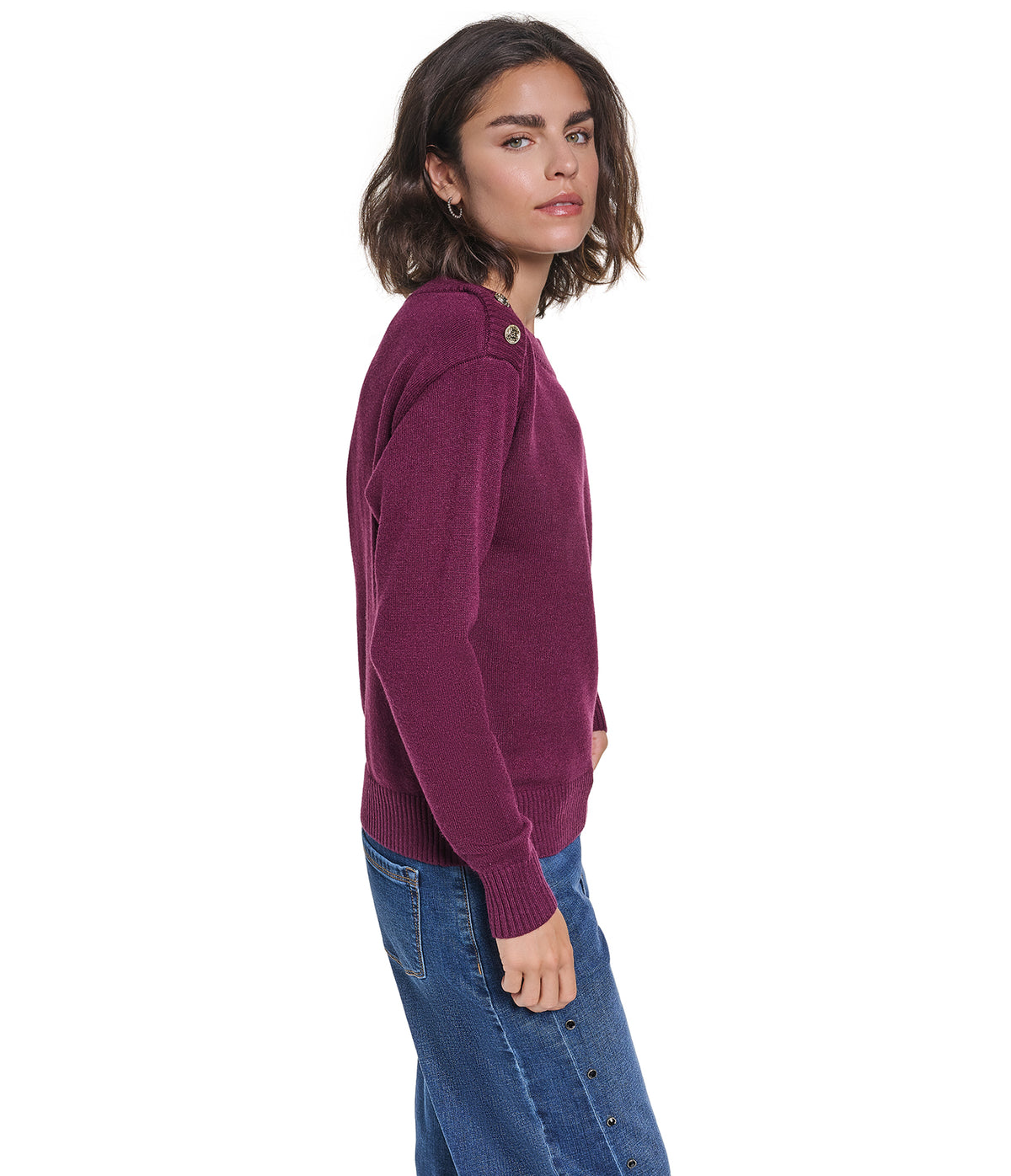 LONG SLEEVE BOAT NECK BUTTON DETAIL SWEATER VIEW 3