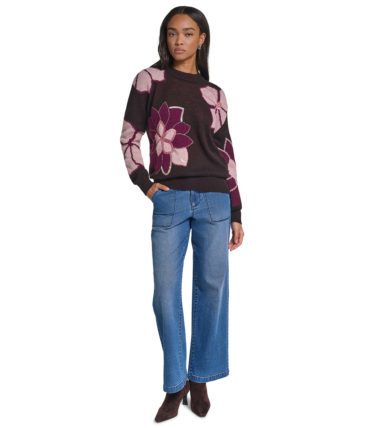 LONG SLEEVE CREW FLORAL PRINT SWEATER VIEW 6