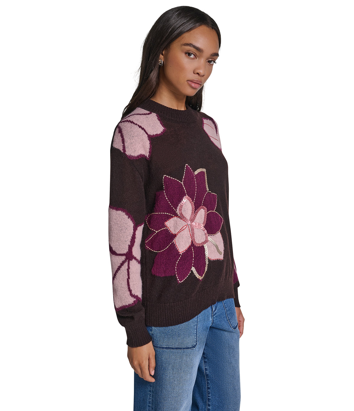 LONG SLEEVE CREW FLORAL PRINT SWEATER VIEW 4
