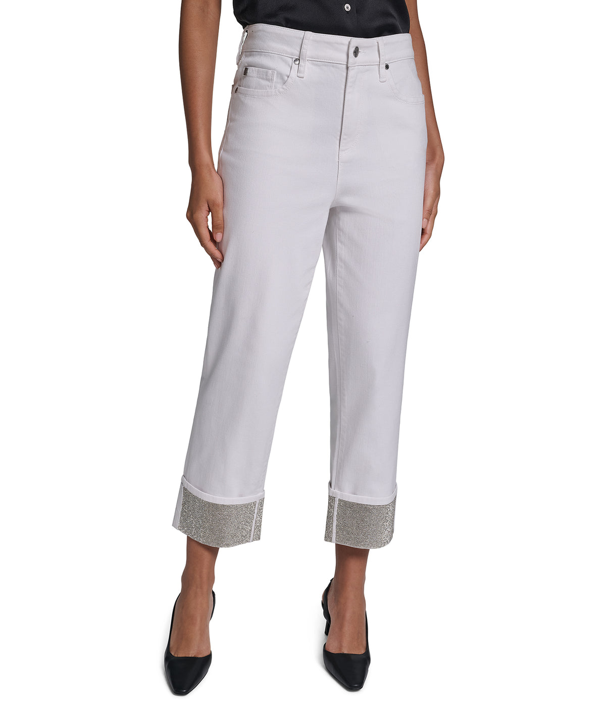 CROPPED MID-RISE COTTON-BLEND CRYSTAL CUFF STRAIGHT-LEG JEAN View 1 | Women's Denim