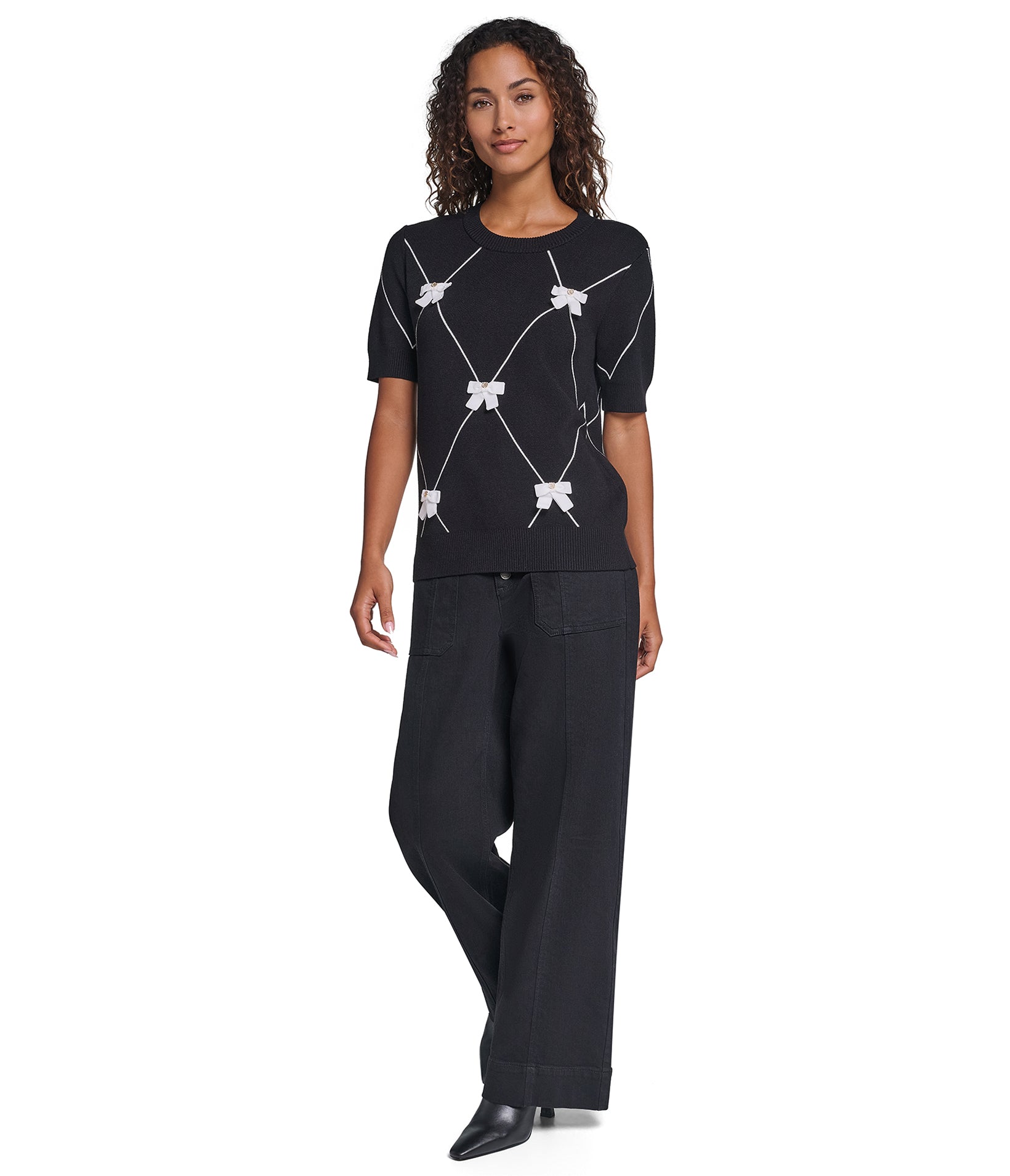 SHORT SLEEVE GEOMETRIC BOW SWEATER VIEW 5