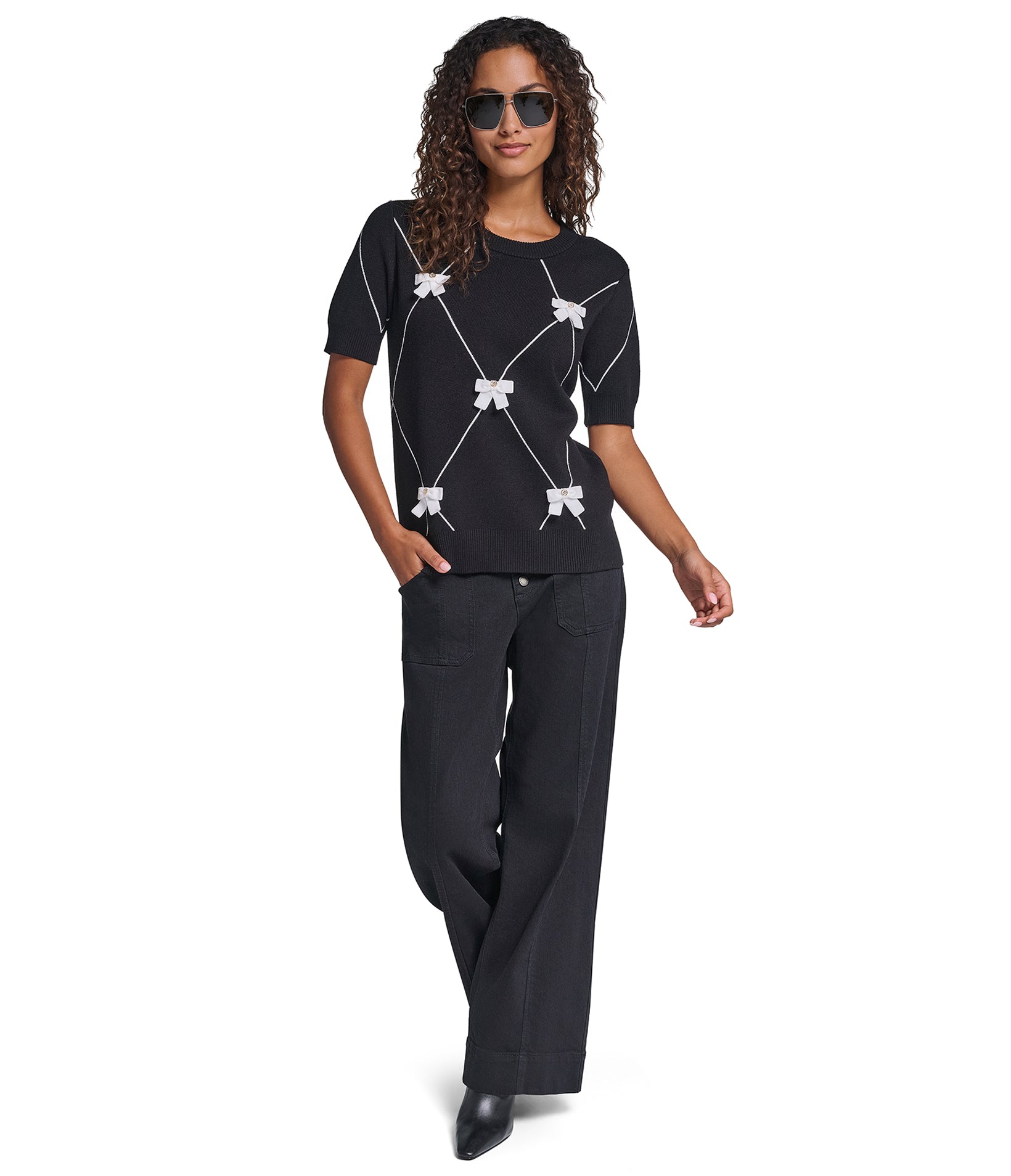 SHORT SLEEVE GEOMETRIC BOW SWEATER VIEW 4