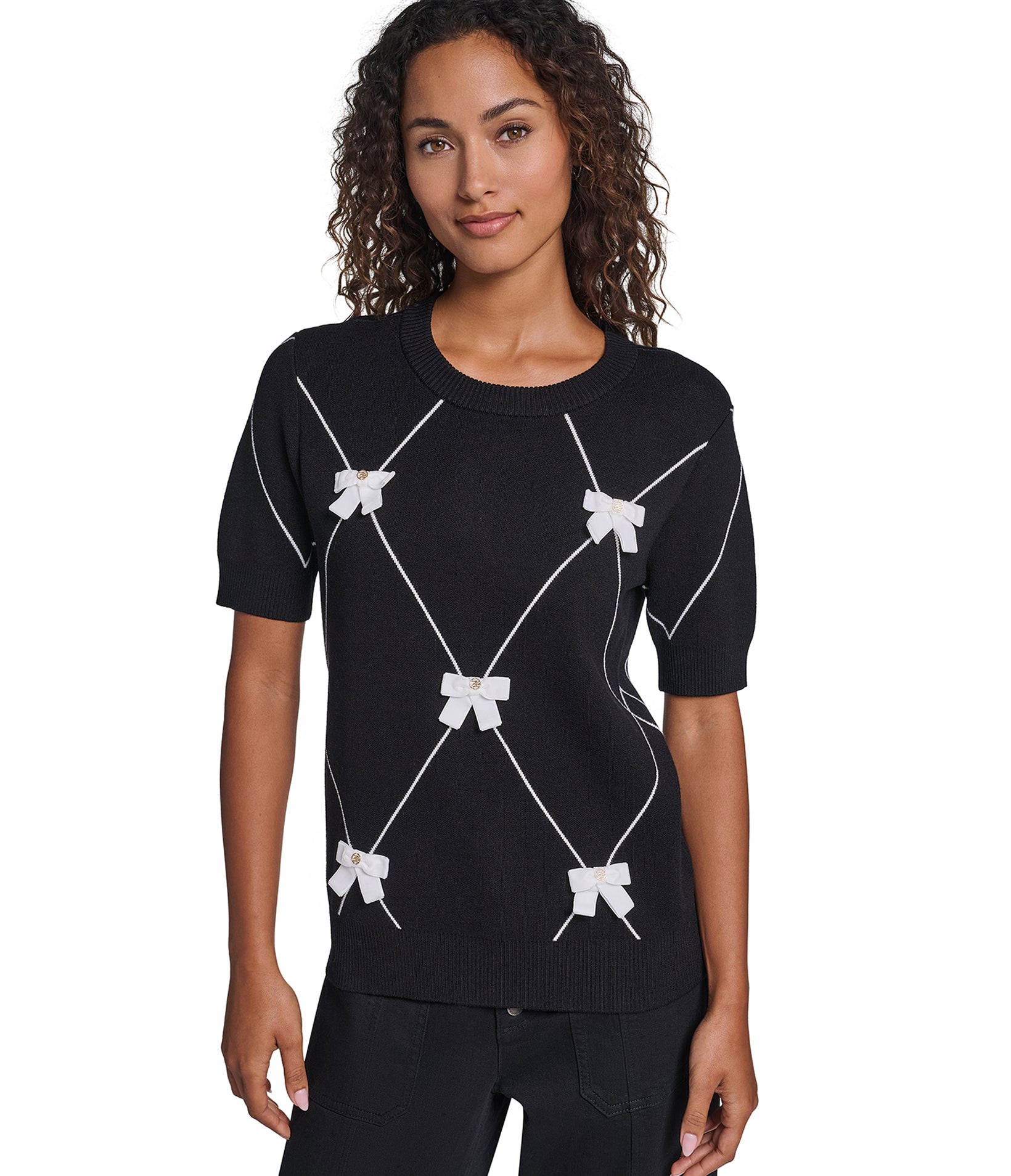 SHORT SLEEVE GEOMETRIC BOW SWEATER VIEW 1