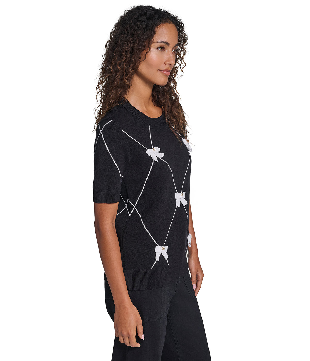 SHORT SLEEVE GEOMETRIC BOW SWEATER VIEW 3