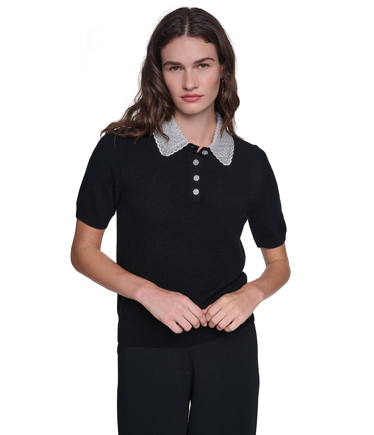 SHORT SLEEVE EMBELLESHED COLLARED TOP VIEW 1