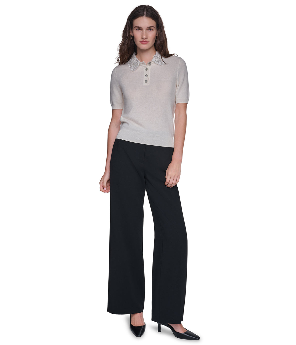 SHORT SLEEVE EMBELLESHED COLLARED TOP VIEW 1