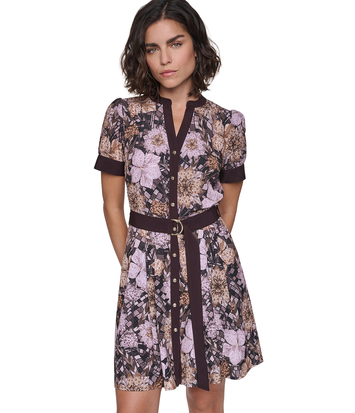 SHORT SLEEVE PRINTED BELTED DRESS VIEW 2