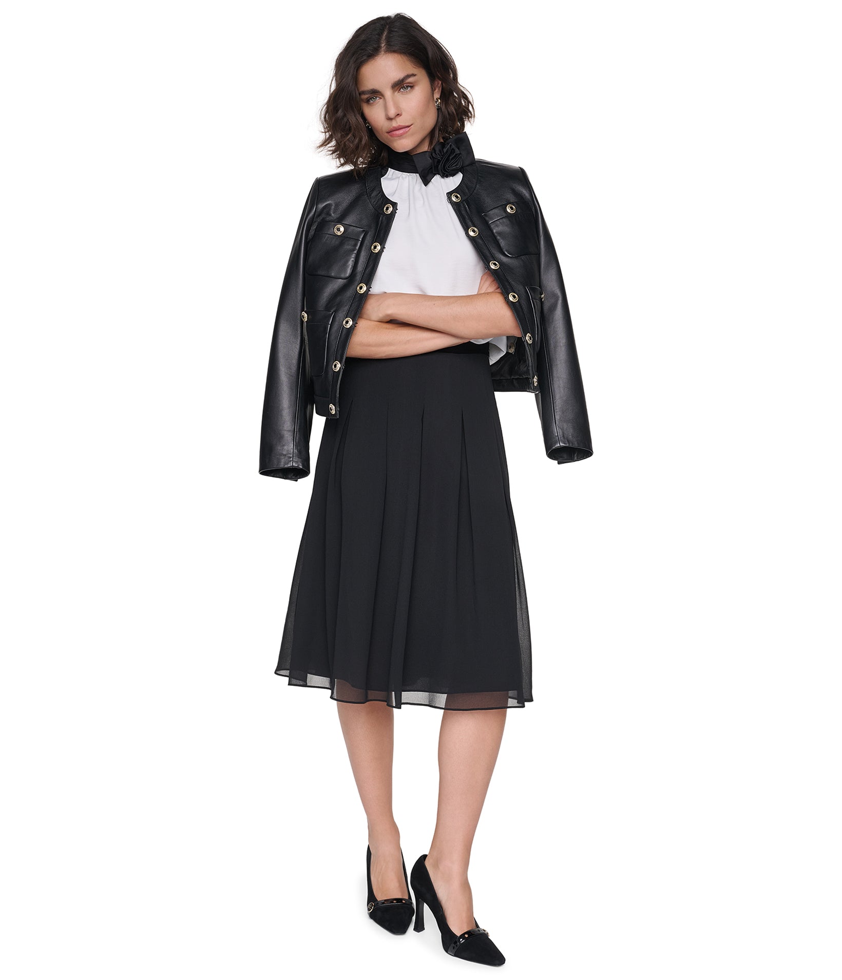 VELVET WAISTBAND MIDI PLEATED SKIRT VIEW 1