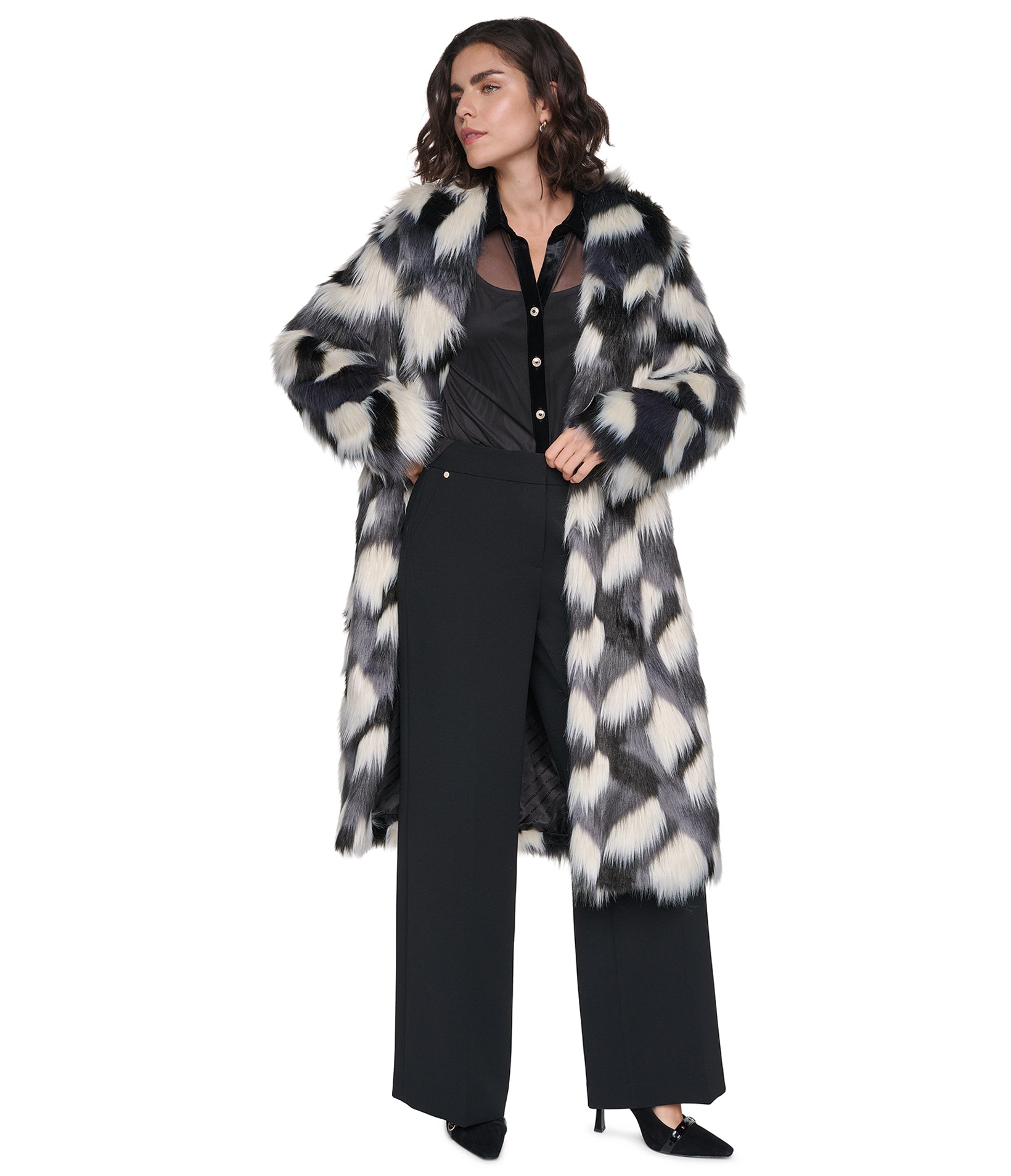 TWO-TONE FAUX FUR MAXI COAT VIEW 4