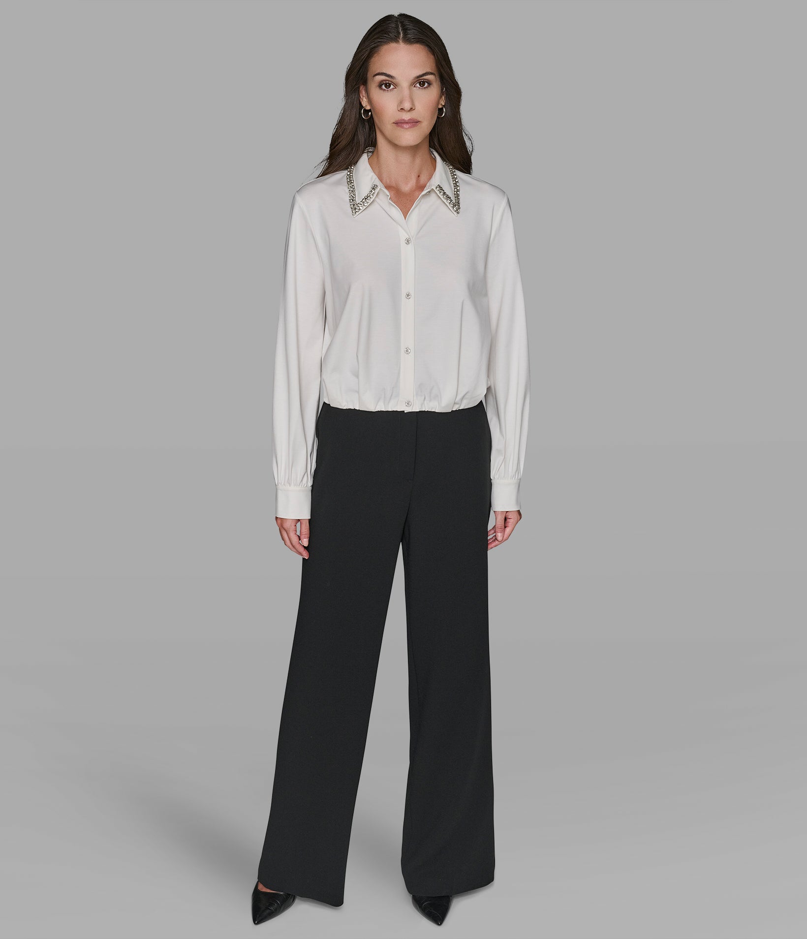 LONG SLEEVE EMBELLISHED SATIN BLOUSE VIEW 4 | Women's Sale