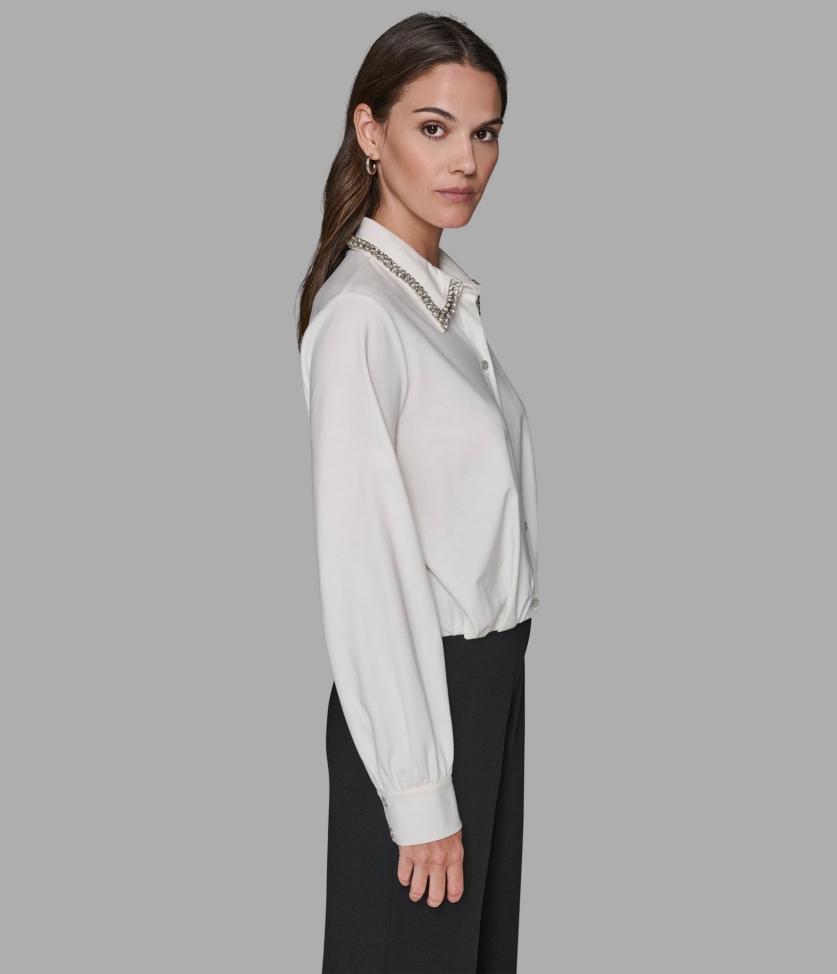 LONG SLEEVE EMBELLISHED SATIN BLOUSE VIEW 3 | Women's Sale