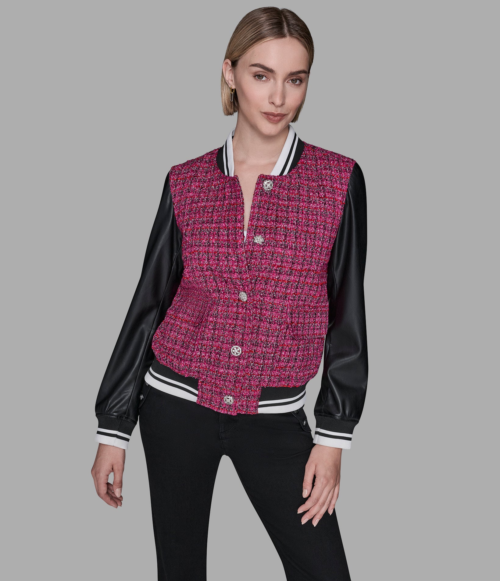 MIXED MEDIA TWEED VARSITY JACKET View 1 | Jackets & Coats