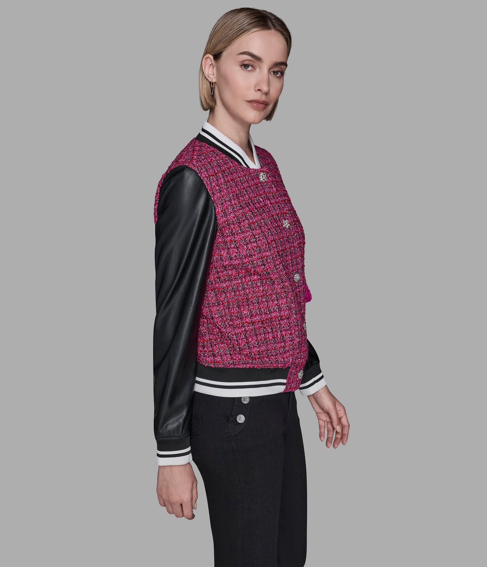 MIXED MEDIA TWEED VARSITY JACKET VIEW 3 | Jackets & Coats